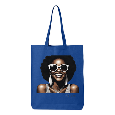 Hi There! Gusseted tote bag featuring an illustration of a beautiful woman with sunglasses and an afro.